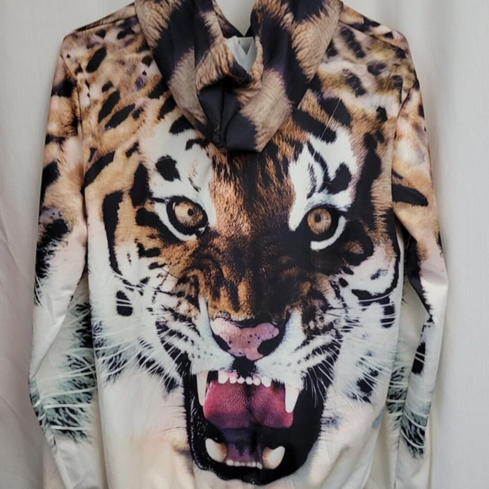 Hoodie Tiger Print drawstring Large pullover Indie Streetwear Grunge Hooded - Picture 2 of 10